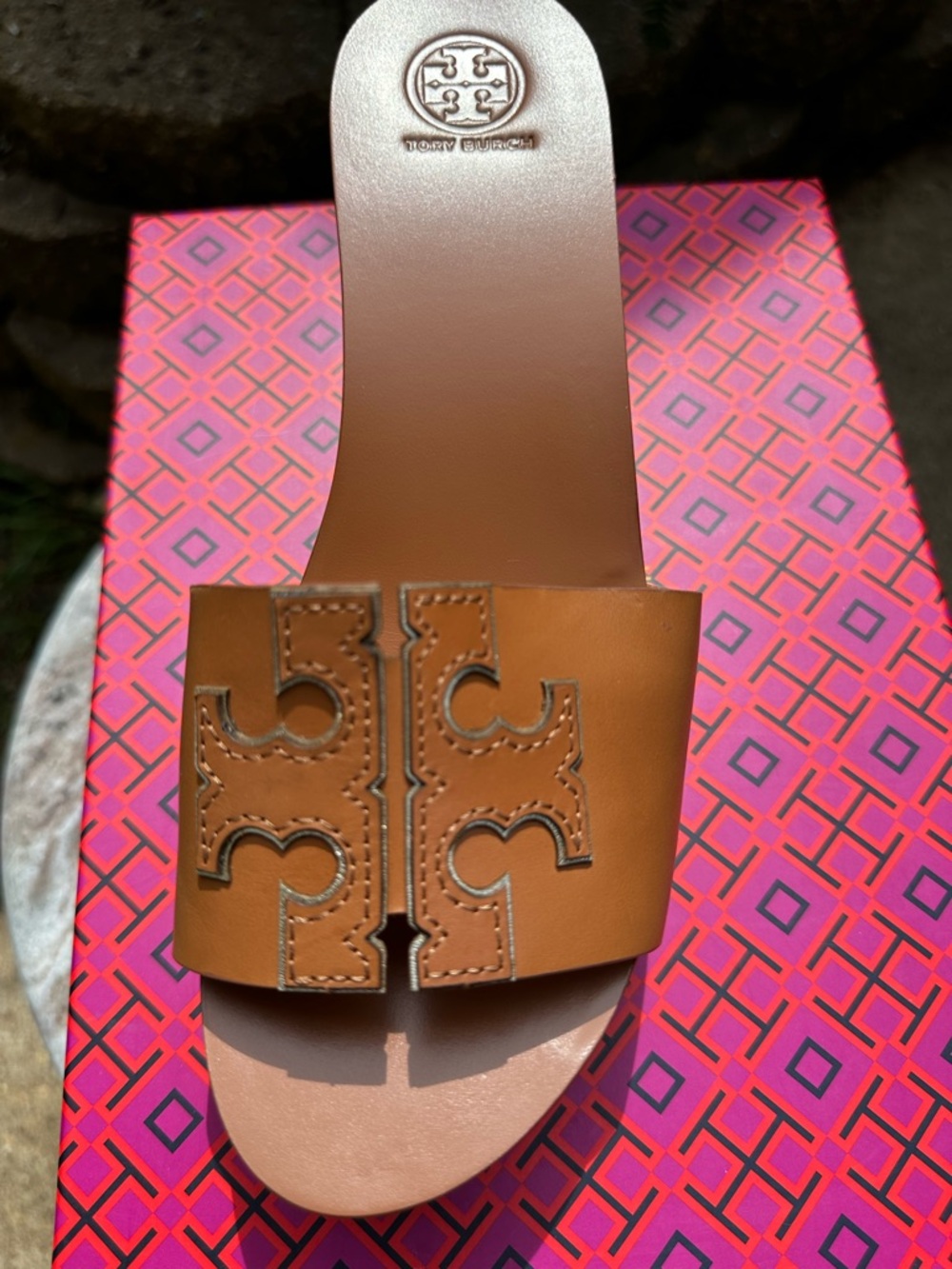 Tory Burch Tan Leather Logo Wedge Slide - Picture 2 of 8